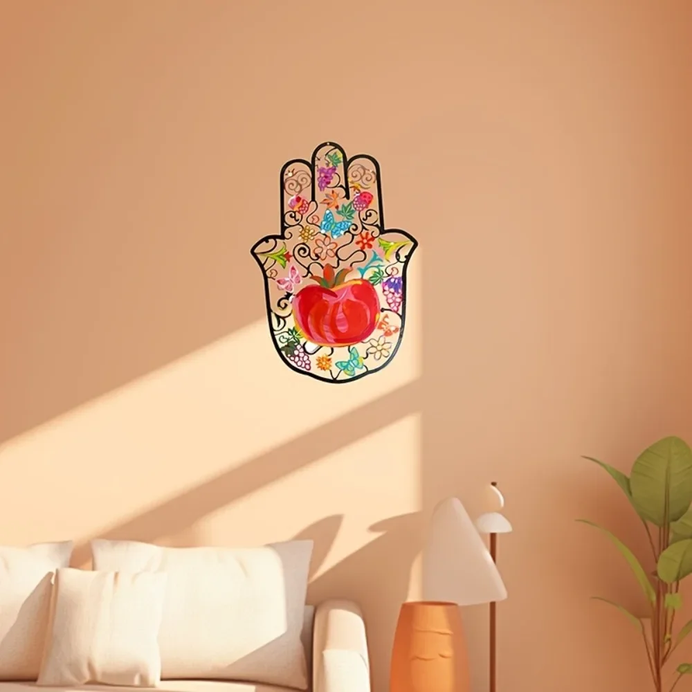 Art & Craft Paper For Kids - CIFBUY ハムサの手の形をした金属製の壁飾り。カラフルなザクロ、花、蝶のモチーフが描かれた2Dカットアウトで、お部屋のインテリアや装飾として最適。
