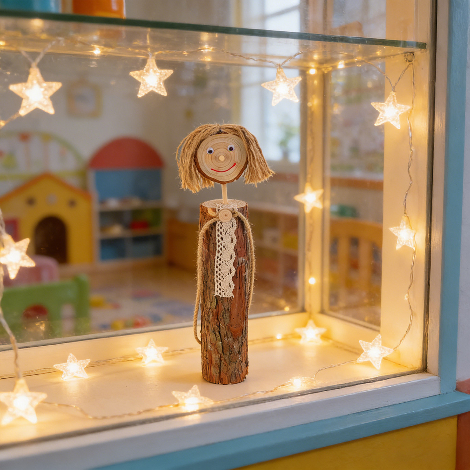 Art And Craft For Nursery - 手作りの素朴な木製像、高さ17.7cm。自然な木の質感を生かした棚、子供部屋の装飾、木の切り株をモチーフにした工芸品、アンティーク調の木彫りアート。