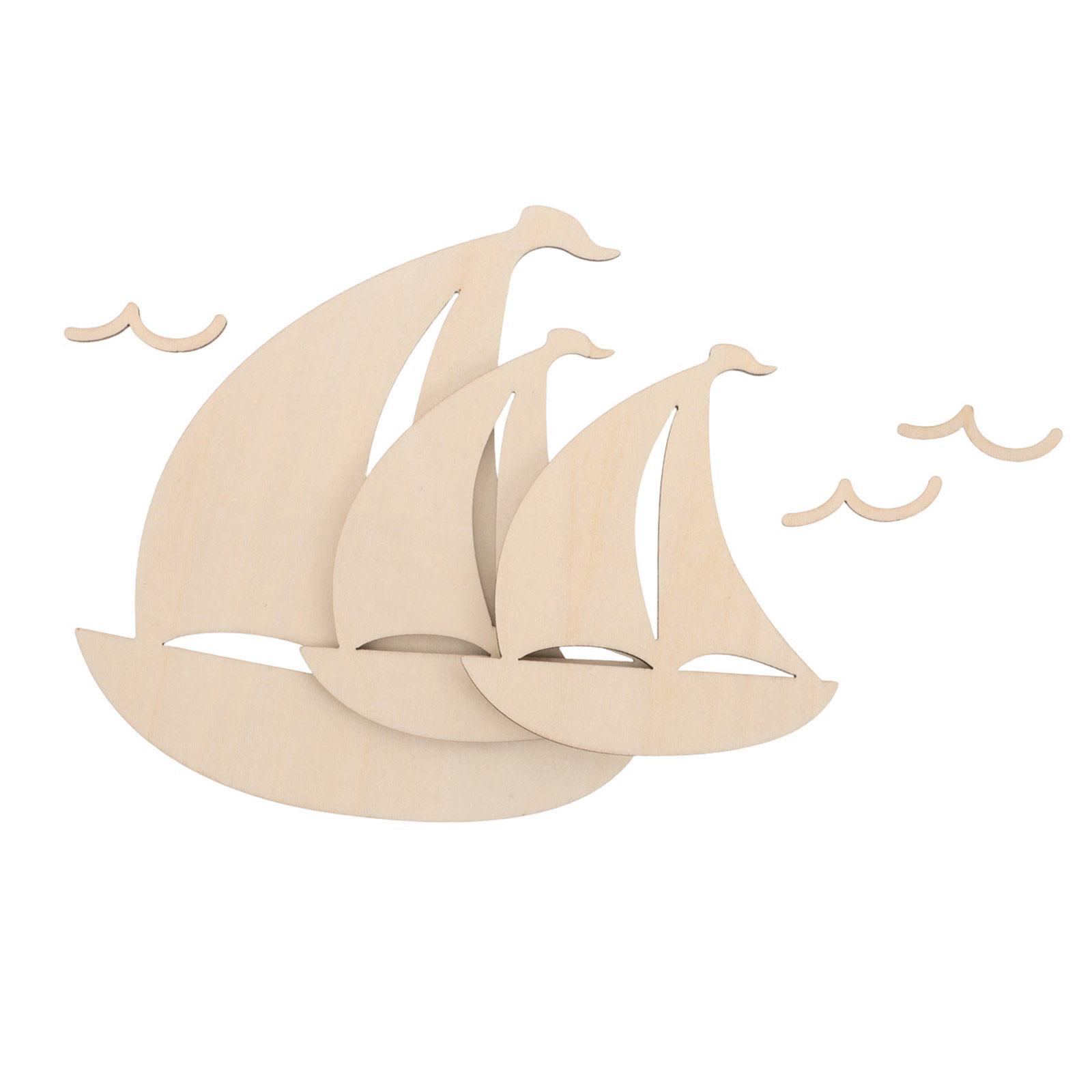 Art And Craft For Nursery - 木製の帆船の壁飾り6点セット。未塗装の木製カットアウトで、海岸や海をテーマにした装飾に。無地の船の形をしたクラフト用品で、海をテーマにしたベビー用品としても使用できます。