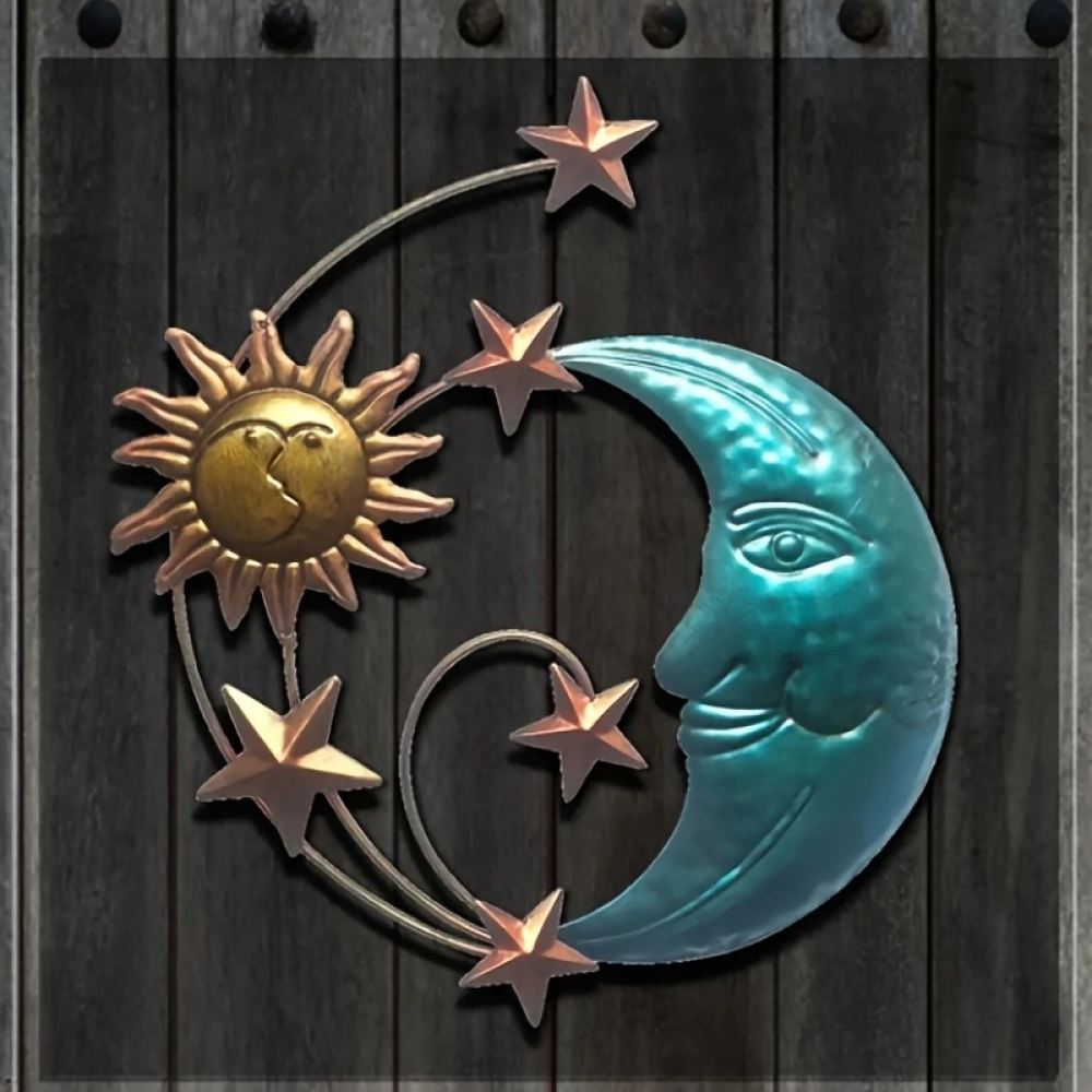 Art And Craft For Nursery - 手作りの鉄製ムーンフェイス壁飾り。3Dの太陽と星の彫刻で、寝室やリビングに吊り下げて飾るのに最適。